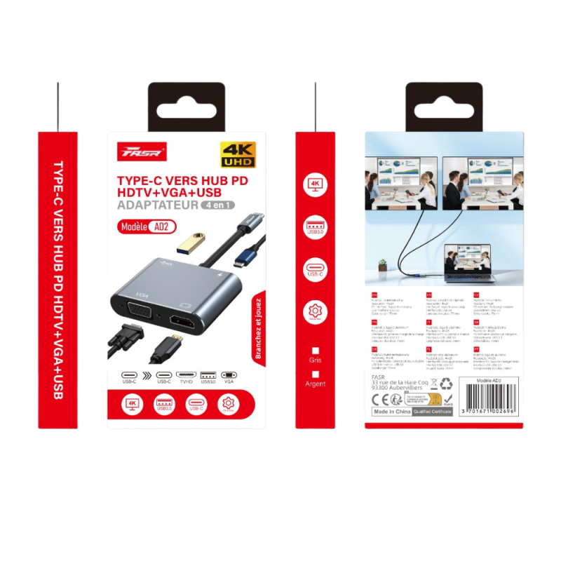 Adaptateur Multifonction 4-en-1 Type-C vers PD HDTV / VGA / USB 3.0 / Type-C - FASR AD2 — Accessoire · Smarty Paris 18e